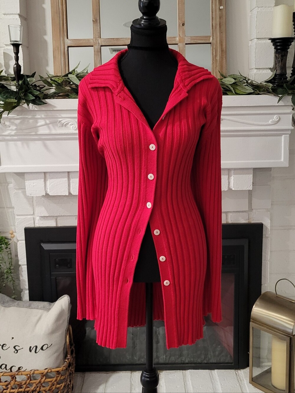 Vintage Tomato Red Ribbed Chunky Knit Button Front Cardigan/Sweater Dress